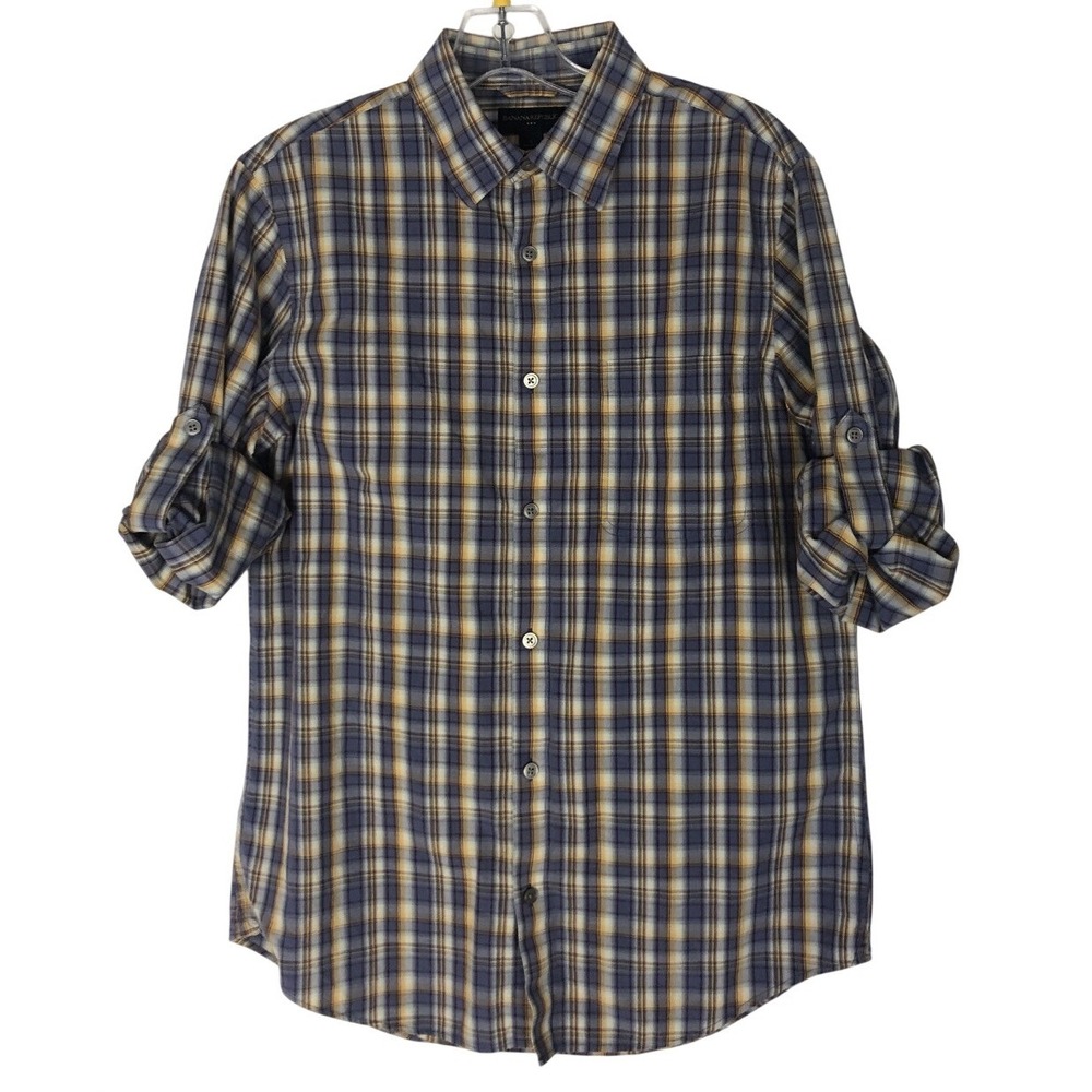 Banana Republic Shirt Mens S Blue Yellow Plaid Button Front Roll Tab Cotton